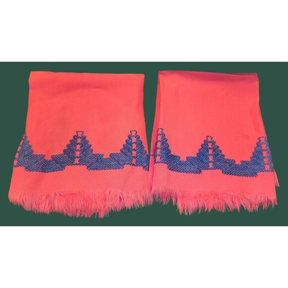 Vintage Pink Blue Geometric Embroidered Hand Towels 12" Square - Picture 1 of 8